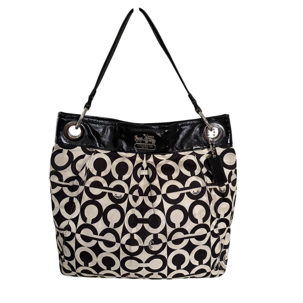 Coach Madison Op Art Chainlink Hobo Bag Black Cream w/Patent Leather Trim